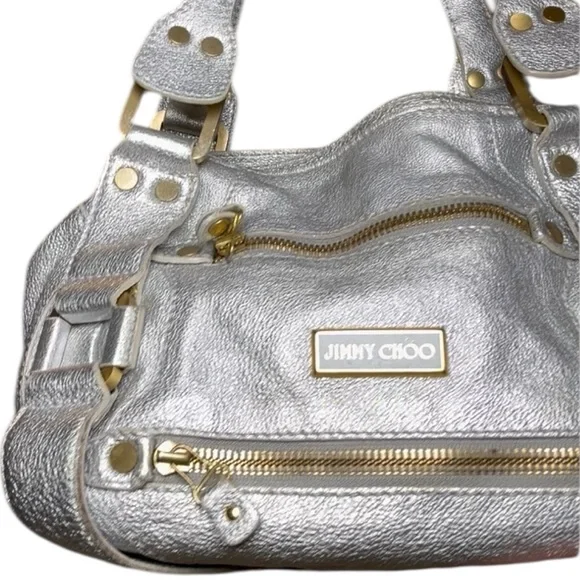 Jimmy Choo Mahala Tote Metallic Silver Leather Gold Hardware Shoulder Bags